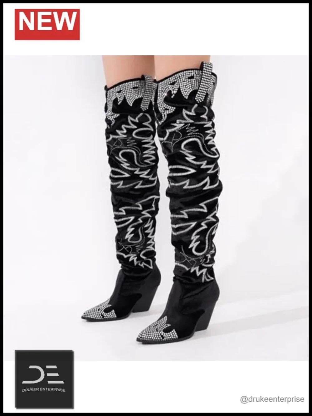 Rhinestone Embroidered Wide Calf Thigh High Slouchy Over The Knee Boots with